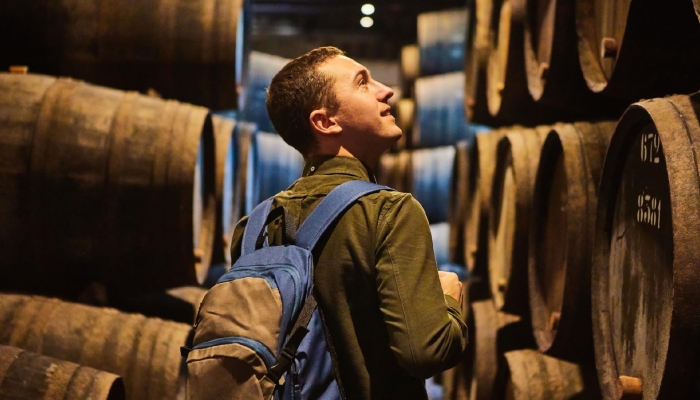 Man exploring the historic wine cellars during a Porto wine tour